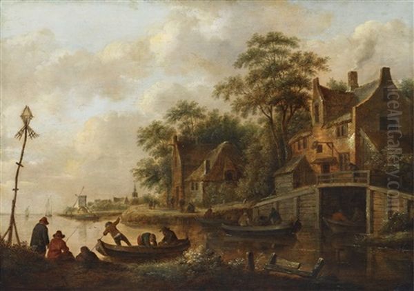 River Landscape With Ferryboats Oil Painting by Nicolaes Molenaer