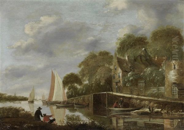 Fishermen On A Shore Before A River Landscape, With A Village In The Distance Oil Painting by Nicolaes Molenaer