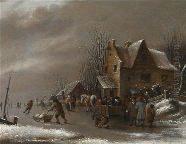 Winterlandschaft Mit Eislaufern Vor Einem Dorf Oil Painting by Nicolaes Molenaer