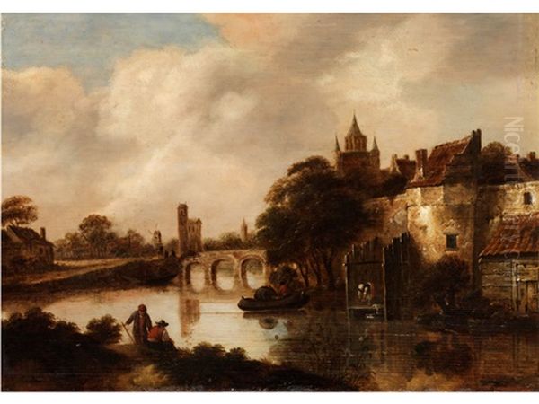 Hollandische Flusslandschaft Mit Befestigter Stadt Am Ufer Oil Painting by Nicolaes Molenaer