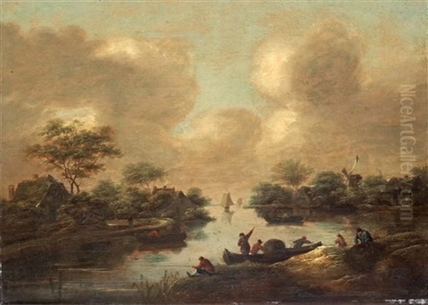 Flodlandskap Med Figurer Vid Bat Oil Painting by Nicolaes Molenaer