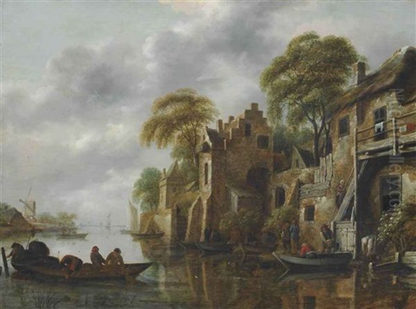 A River Landscape With Fishermen Loading Their Nets, Beside A Town Oil Painting by Nicolaes Molenaer