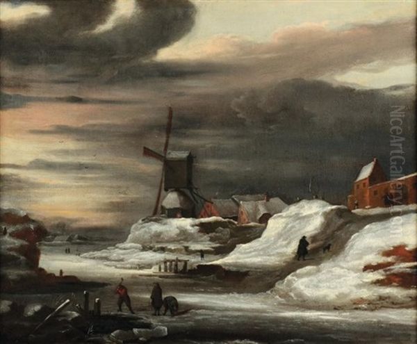 Paysage Au Moulin Enneige Oil Painting by Nicolaes Molenaer