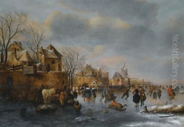 An Extensive Winter Landscape With Numerous Figures On The Ice Oil Painting by Nicolaes Molenaer