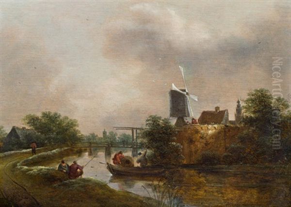 Fluslandschaft Mit Fischer Und Windmuhle Vor Einer Stadt Oil Painting by Nicolaes Molenaer