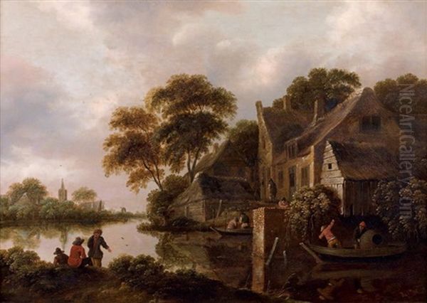 Paysage Fluvial Anime (in 2 Parts) Oil Painting by Nicolaes Molenaer