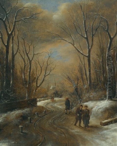 A Wooded Winter Landscape With Figures Walking Along A Path, A Church Steeple Beyond Oil Painting by Nicolaes Molenaer