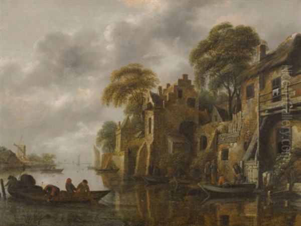 A River Landscape With Fishermen Loading Their Nets Beside A Town Oil Painting by Nicolaes Molenaer