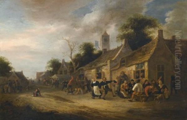 A Village Street Scene With Figures Dancing And Drinking Oil Painting by Nicolaes Molenaer