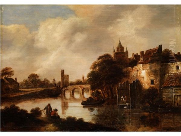 Flusslandschaft Mit Rechts Erhoht Stehender Stadt Und Stadtmauer Am Ufer Oil Painting by Nicolaes Molenaer