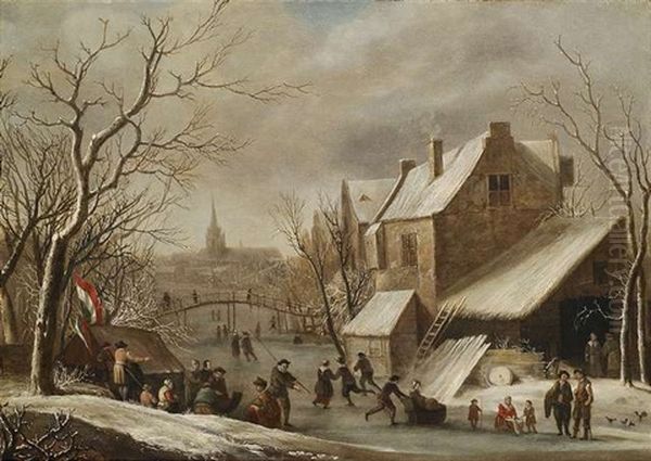 Eisvergnugen Auf Einem Zugefrorenen Kanal Vor Stadtkulisse Oil Painting by Nicolaes Molenaer