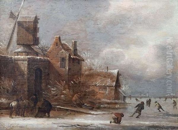 Eisvergnugen Auf Einem Zugefrorenen Kanal Bei Einem Gehoft Mit Bockwindmuhle Oil Painting by Nicolaes Molenaer