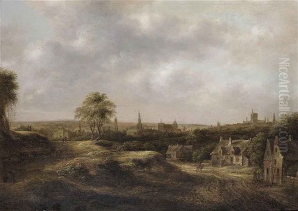 An Extensive Landscape With A Panoramic View Of A Town Oil Painting by Nicolaes Molenaer