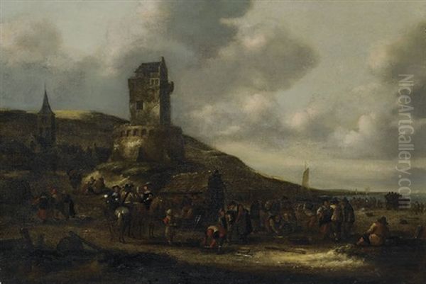 Beach Near Zandvoort With Figures And Castle Oil Painting by Nicolaes Molenaer