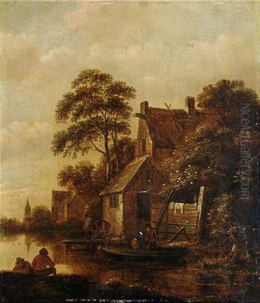 Hauserfront Mit Anglern An Einem Hollandischen Kanal Oil Painting by Nicolaes Molenaer