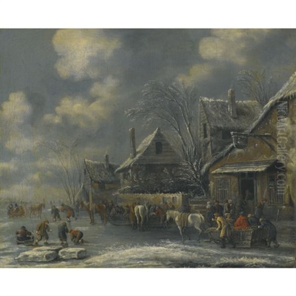 A Frozen River Landscape With Children Playing On The Ice And Figures Gathered Outside The Swan Inn Oil Painting by Nicolaes Molenaer