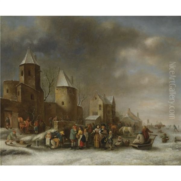 A Winter Landscape With Figures On A Frozen River Outside The Walls Of A Town Oil Painting by Nicolaes Molenaer