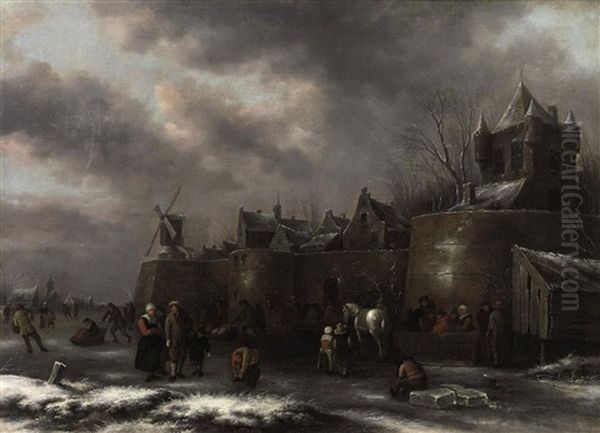 A Winter Landscape With Figures Skating And Sleighing On A Frozen Moat Outside A Fortified Town Oil Painting by Nicolaes Molenaer