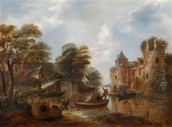 Flusslandschaft Mit Fischern Vor Einer Burgruine Oil Painting by Nicolaes Molenaer