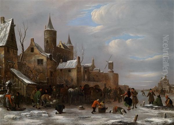 Eine Frohliche Gesellschaft Auf Einem Zugefrorenen Fluss Vor Einer Stadt Oil Painting by Nicolaes Molenaer