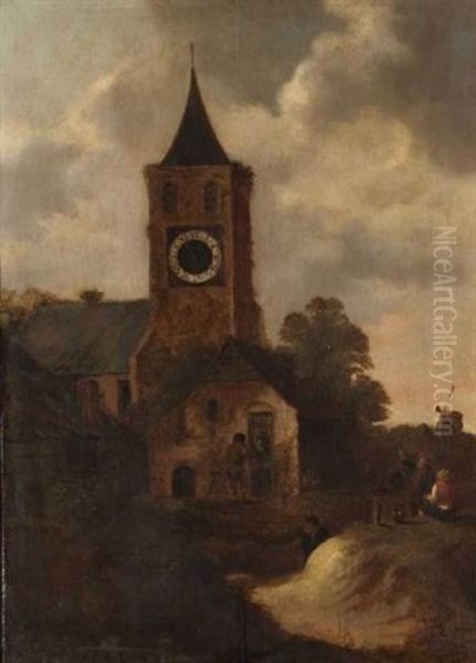 Paysans Au Repos Devant L'eglise Du Village Oil Painting by Nicolaes Molenaer