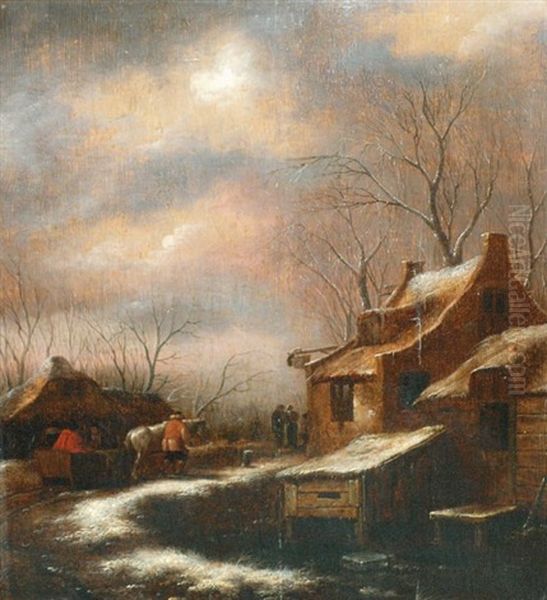 Scene De Village Sous La Neige Animee De Personnages Oil Painting by Nicolaes Molenaer