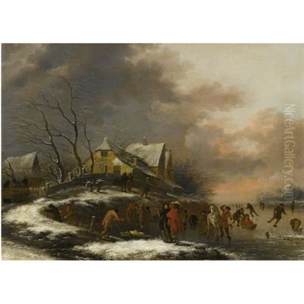 A Winter Landscape With Figures Skating On A Frozen River By A Village, Children On Sleighs, And Elegant Figures In The Foreground Oil Painting by Nicolaes Molenaer