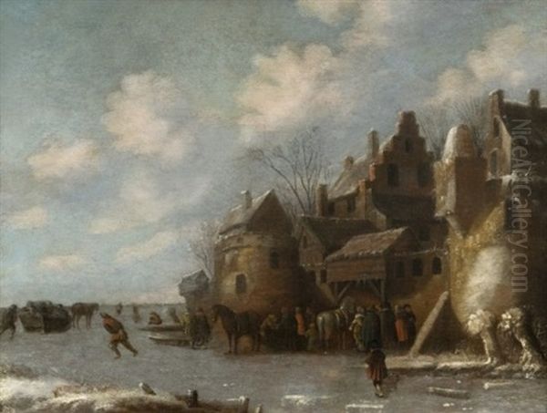 Patineurs Devant Une Ville Fortifiee Oil Painting by Nicolaes Molenaer