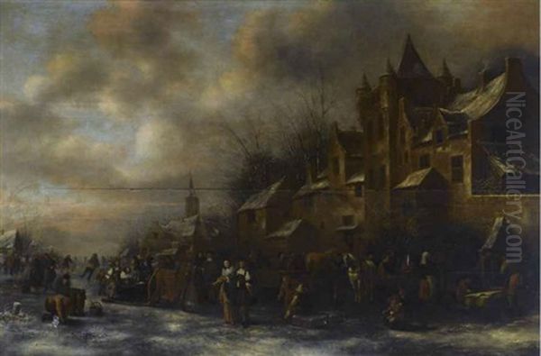 A Winter Landscape With Skaters, Children On Sleighs And Elegant Figures Promenading Across A Frozen River Oil Painting by Nicolaes Molenaer