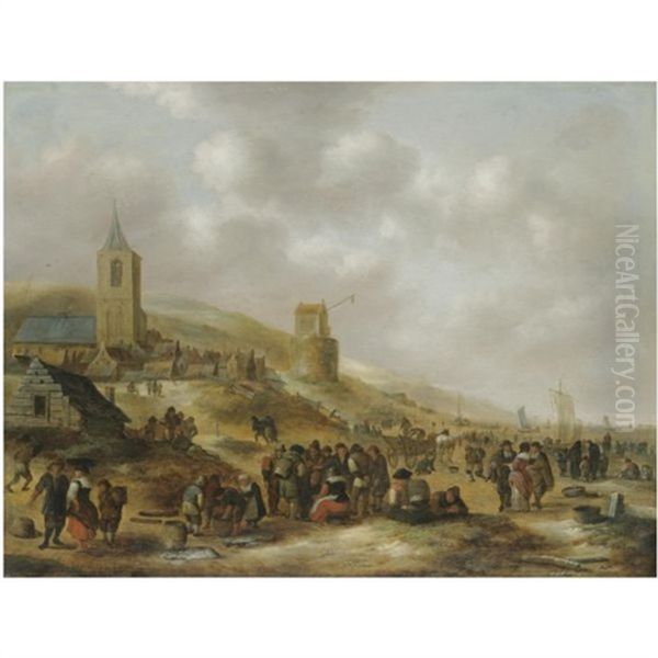 A View Of The Beach At Scheveningen With Fishermen Selling Their Catch Oil Painting by Nicolaes Molenaer