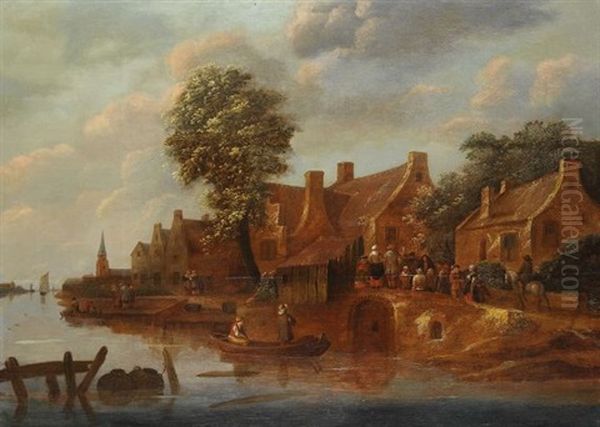 Niederlandisches Dorf An Einem Fluss Oil Painting by Nicolaes Molenaer