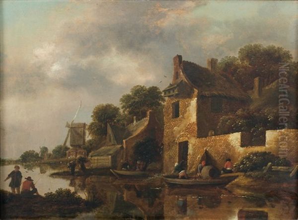 Paysans En Barque Dans Un Village (in 2 Parts) Oil Painting by Nicolaes Molenaer