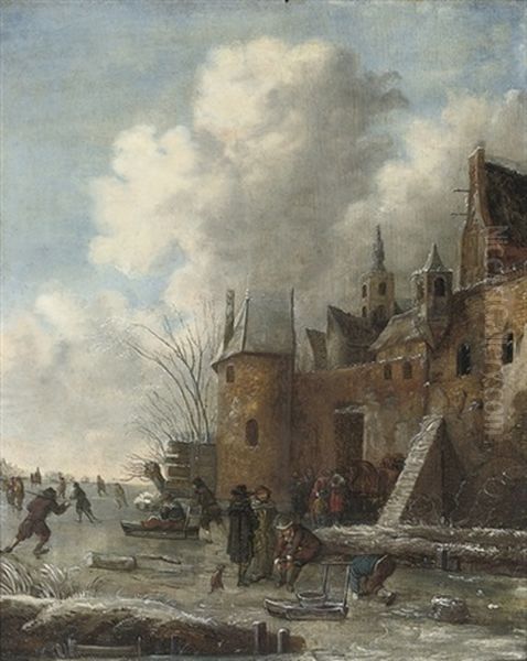 A Winter Landscape With Figures Skating And Sleighing Near A Village Oil Painting by Nicolaes Molenaer