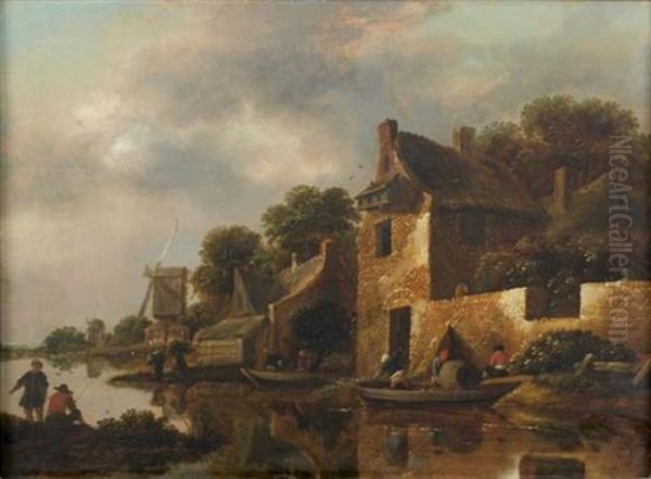 Paysans En Barque Dans Un Village Oil Painting by Nicolaes Molenaer