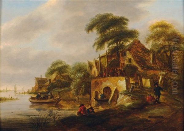 Pecheurs Pres De La Riviere Et D'une Chaumiere Oil Painting by Nicolaes Molenaer