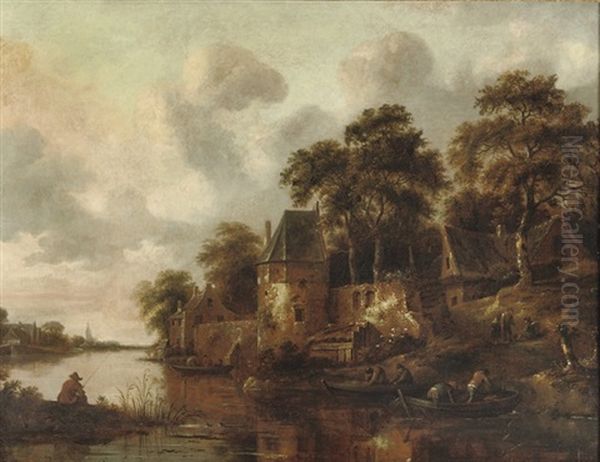 A River Landscape With Fishermen In Their Boats Oil Painting by Nicolaes Molenaer