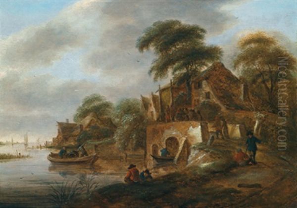 Dorf An Einem Flus Mit Bauern Und Booten Oil Painting by Nicolaes Molenaer