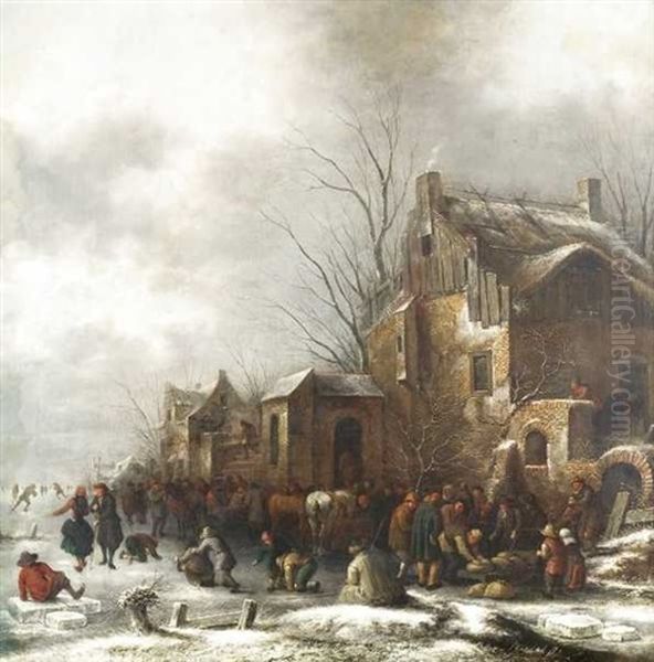 Patineurs A L'entree D'un Village Oil Painting by Nicolaes Molenaer