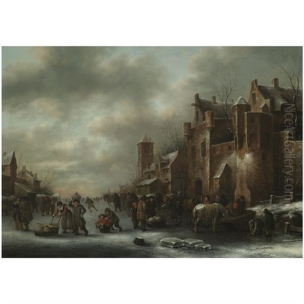 A Winter Landscape With Numerous Figures On A Frozen River Outside The Town Walls Oil Painting by Nicolaes Molenaer