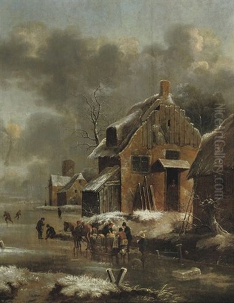 A Winter Landscape With A Horse-drawn Sleigh And Figures Oil Painting by Nicolaes Molenaer