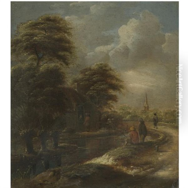 A River Landscape With Figures Fishing Beside A Path Oil Painting by Nicolaes Molenaer