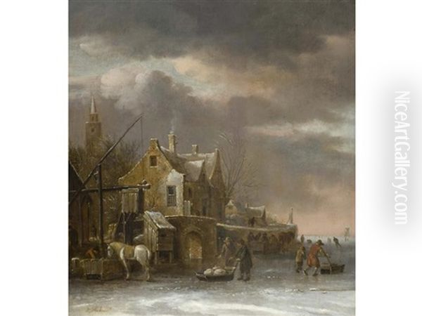 Winterlandschaft Mit Altem Haus An Gefrorenem Ufer Oil Painting by Nicolaes Molenaer