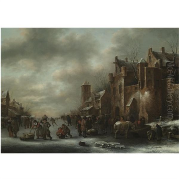 A Winter Landscape With Numerous Figures On A Frozen River Outside The Town Walls Oil Painting by Nicolaes Molenaer