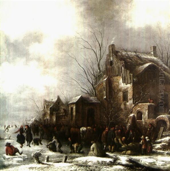 Patineurs A L'entree D'un Village Oil Painting by Nicolaes Molenaer