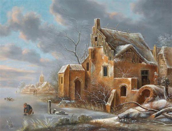 Winterlandschaft Mit Schlittschuhlaufern Vor Einem Dorf Oil Painting by Nicolaes Molenaer