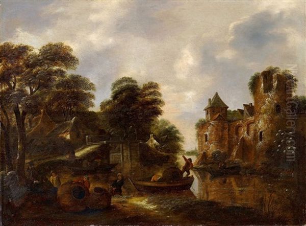 Flusslandschaft Mit Kahn Und Fischern Oil Painting by Nicolaes Molenaer