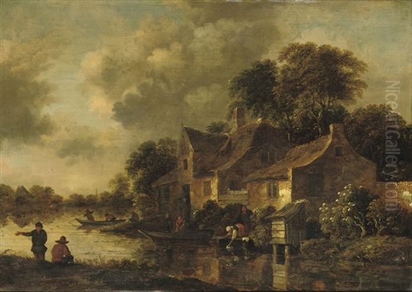 A Wooded River Landscape With A Washerwoman And Fishermen Near A Farmsted Oil Painting by Nicolaes Molenaer