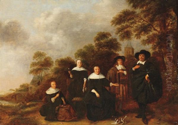 Family Portrait In A Wooded River Landscape Oil Painting by Nicolaes Molenaer