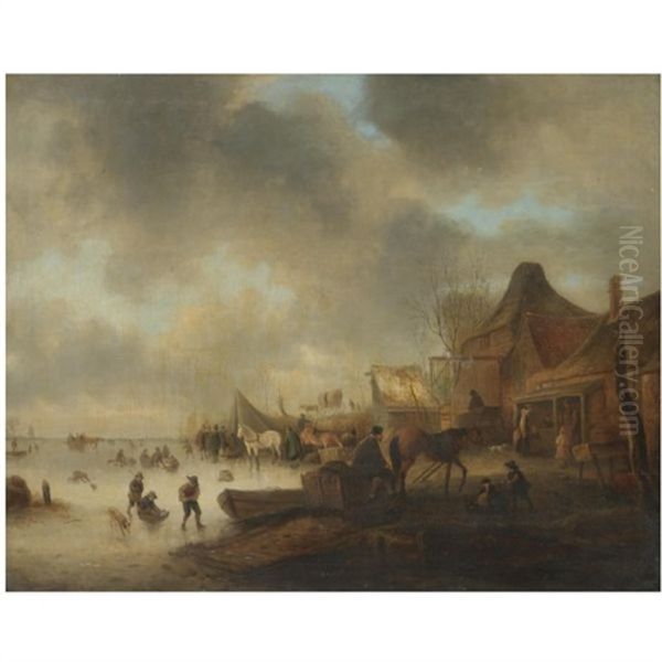 A Winter Landscape With Children Playing On A Frozen River And Travellers Resting With Their Horses Oil Painting by Nicolaes Molenaer