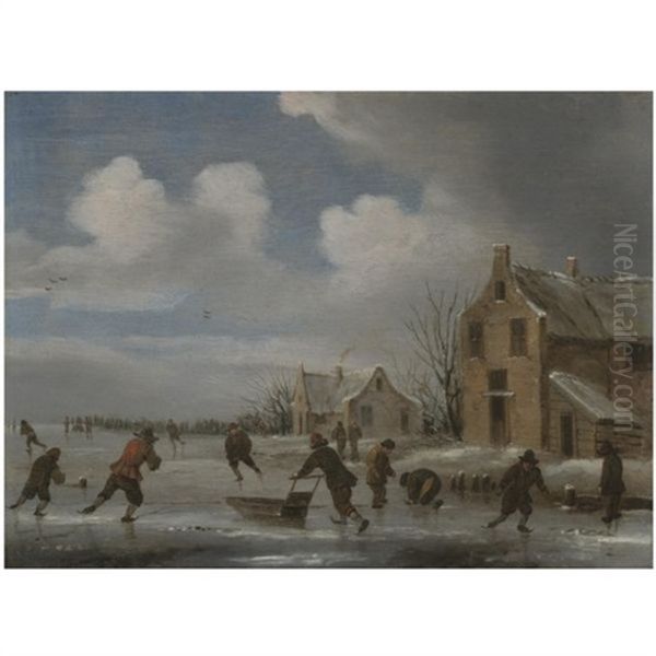 A Winter Landscape With Skaters On A Frozen Lake Oil Painting by Nicolaes Molenaer